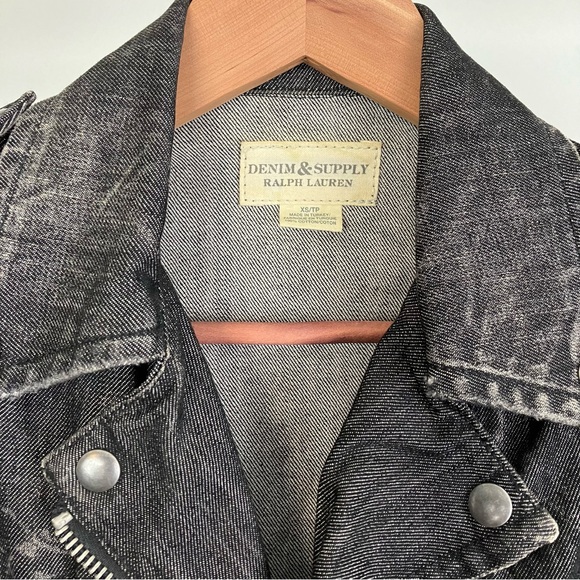 Ralph Lauren Moto Jean Jacket in Distressed Black Denim w/ Zipper Pockets XS - Picture 5 of 16